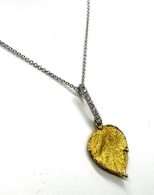19k & 18k Two-Tone Leaf Necklace w/ Diamonds