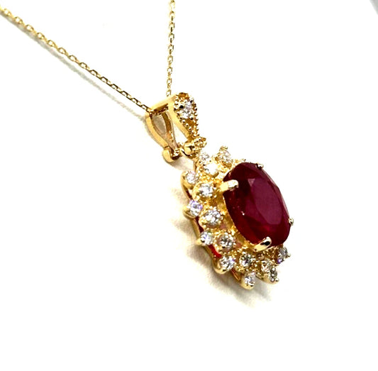 14k Yg Oval Ruby Necklace w/ Cluster Diamonds