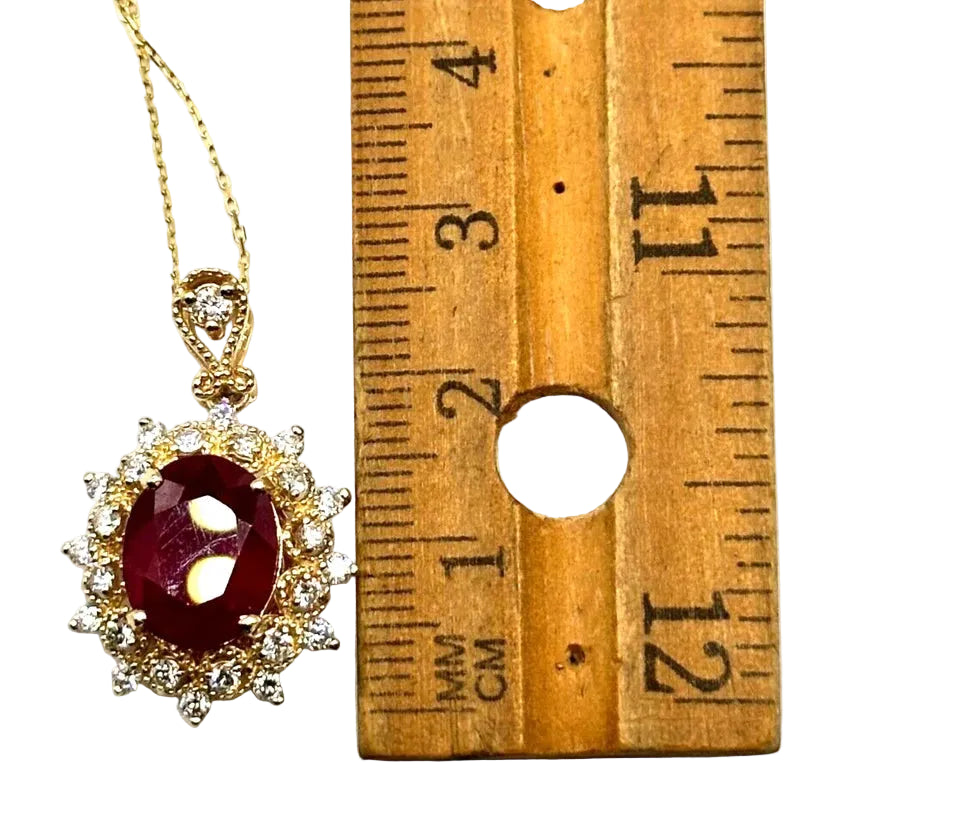 14k Yg Oval Ruby Necklace w/ Cluster Diamonds