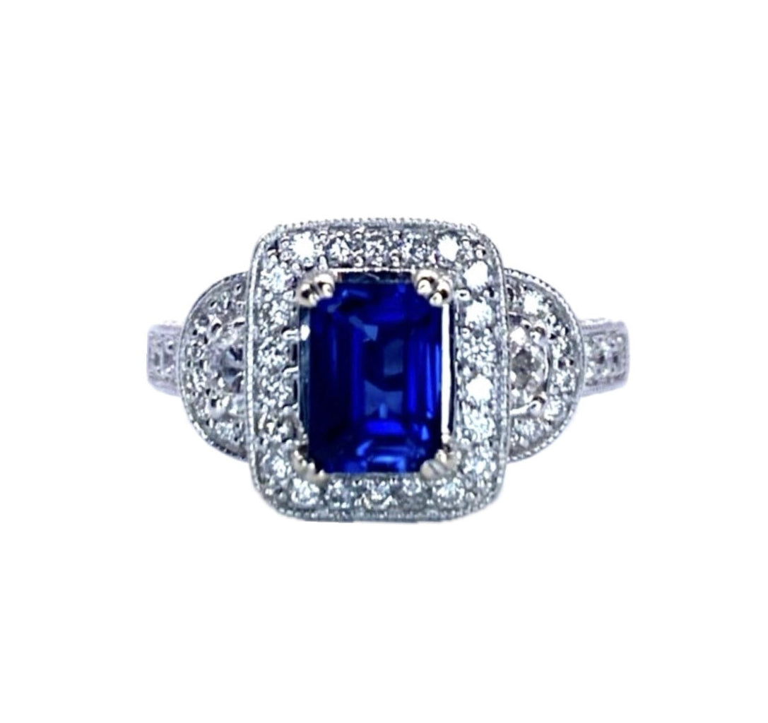 18k WG Emerald Cut Sapphire & Round Cut Diamond Ring