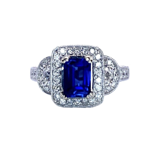 18k WG Emerald Cut Sapphire & Round Cut Diamond Ring