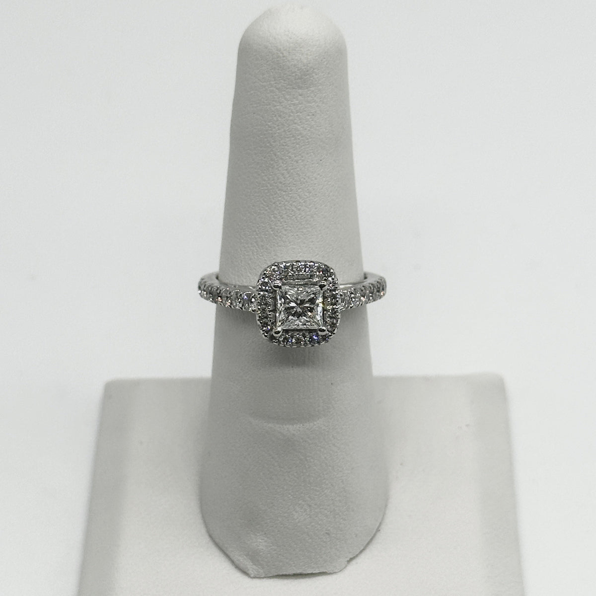 14k wg Princess Cut Center Diamond Halo Set Cathedral Band Ring