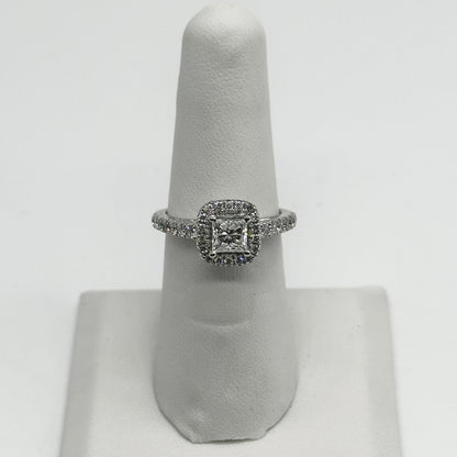 14k wg Princess Cut Center Diamond Halo Set Cathedral Band Ring