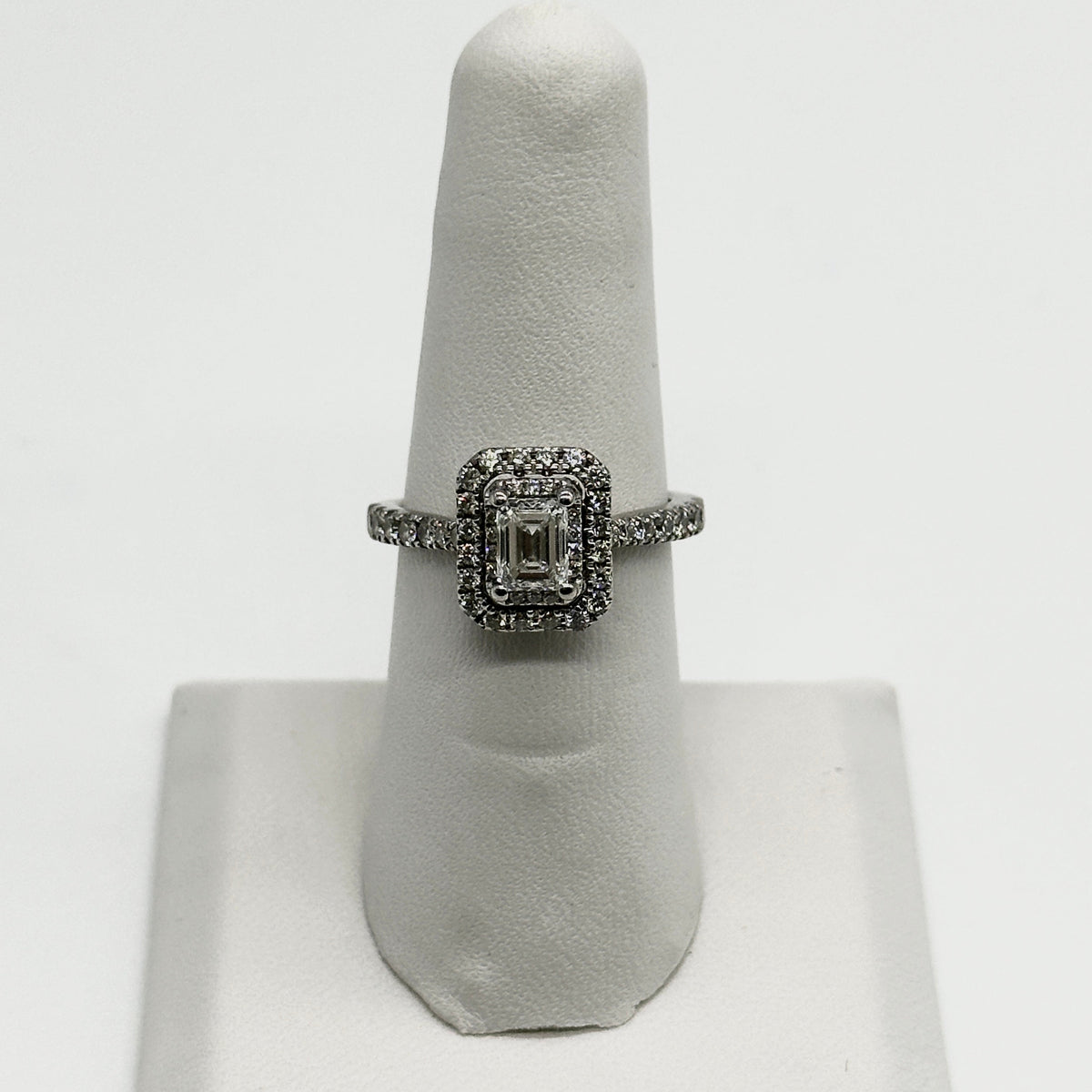 14k wg Vera Wang Emerald Center Double Halo Set Diamond Ring w/ 2 Hidden Princess Cut Blue Sapphires
