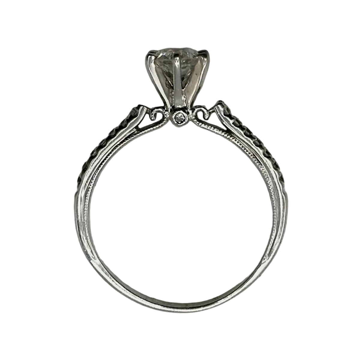 18k wg 6-Prong Rnd. Diamond Solitaire Ring W/filigree & Hidden Diamonds