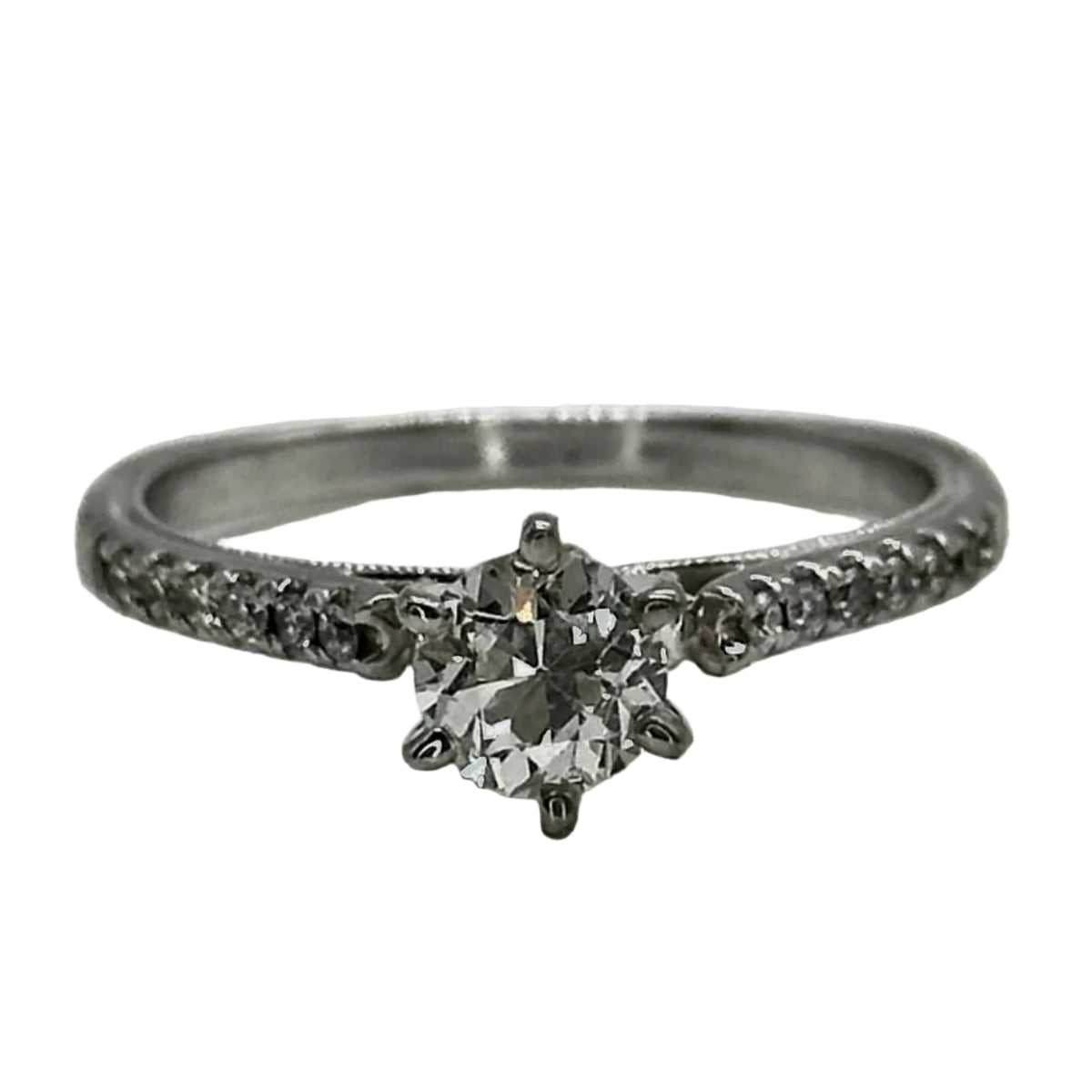 18k wg 6-Prong Rnd. Diamond Solitaire Ring W/filigree & Hidden Diamonds