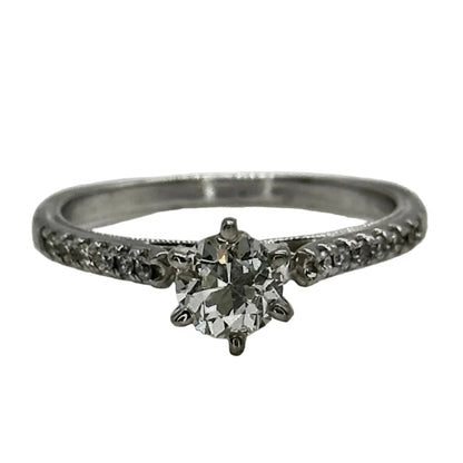18k wg 6-Prong Rnd. Diamond Solitaire Ring W/filigree & Hidden Diamonds