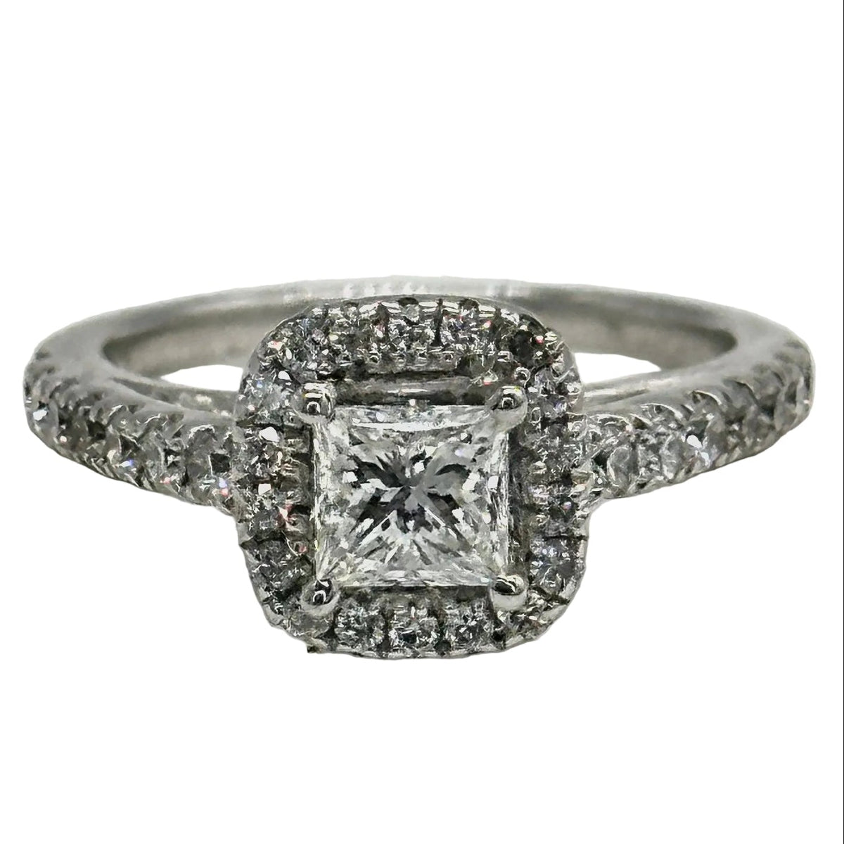 14k wg Princess Cut Center Diamond Halo Set Cathedral Band Ring