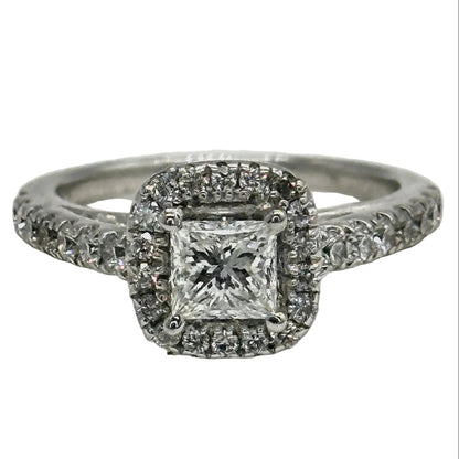 14k wg Princess Cut Center Diamond Halo Set Cathedral Band Ring
