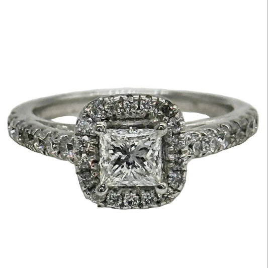 14k wg Princess Cut Center Diamond Halo Set Cathedral Band Ring