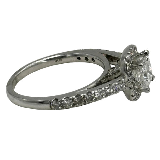14k wg Princess Cut Center Diamond Halo Set Cathedral Band Ring