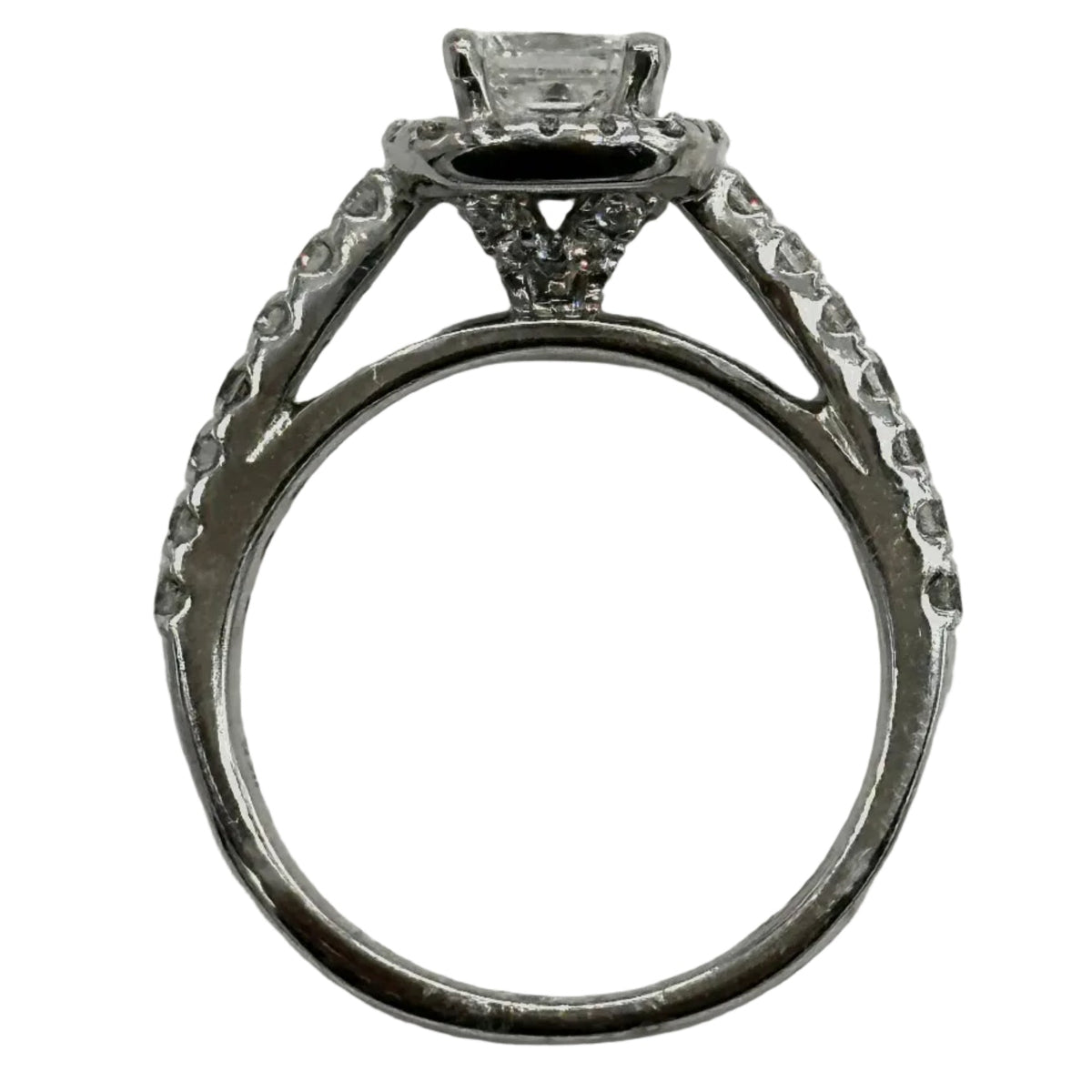 14k wg Princess Cut Center Diamond Halo Set Cathedral Band Ring