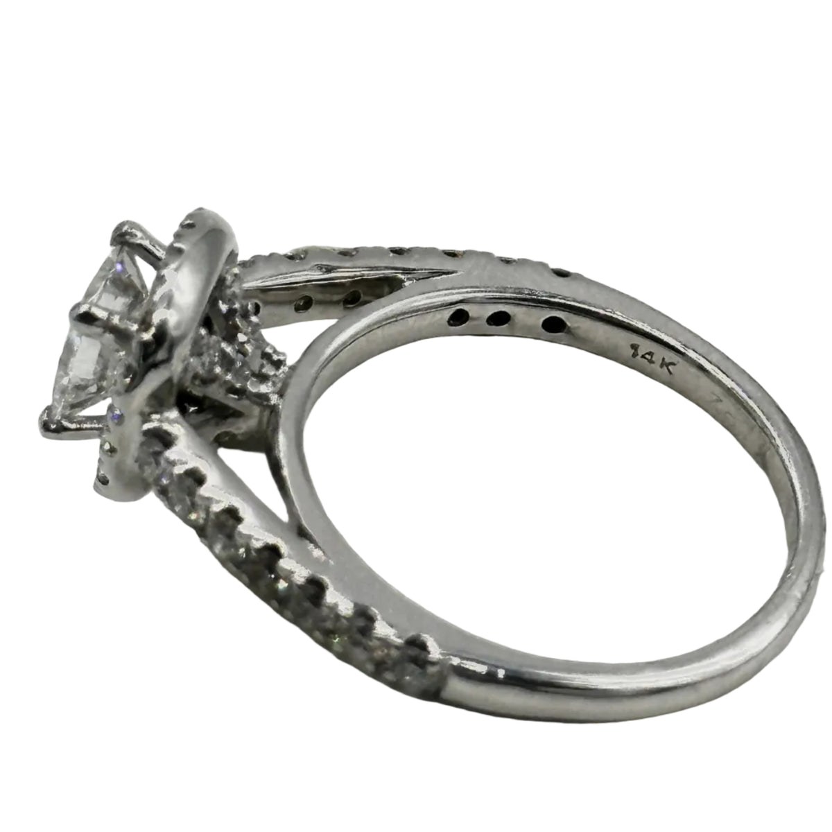 14k wg Princess Cut Center Diamond Halo Set Cathedral Band Ring
