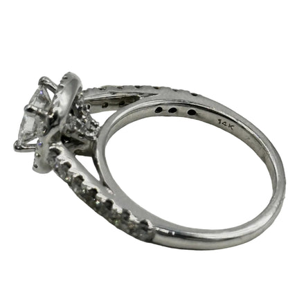14k wg Princess Cut Center Diamond Halo Set Cathedral Band Ring