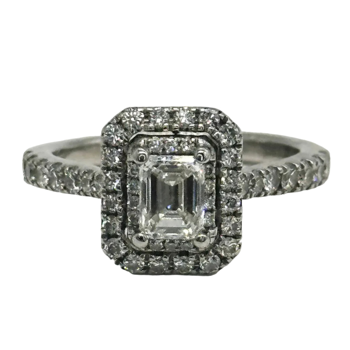 14k wg Vera Wang Emerald Center Double Halo Set Diamond Ring w/ 2 Hidden Princess Cut Blue Sapphires