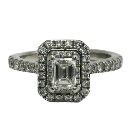14k wg Vera Wang Emerald Center Double Halo Set Diamond Ring w/ 2 Hidden Princess Cut Blue Sapphires
