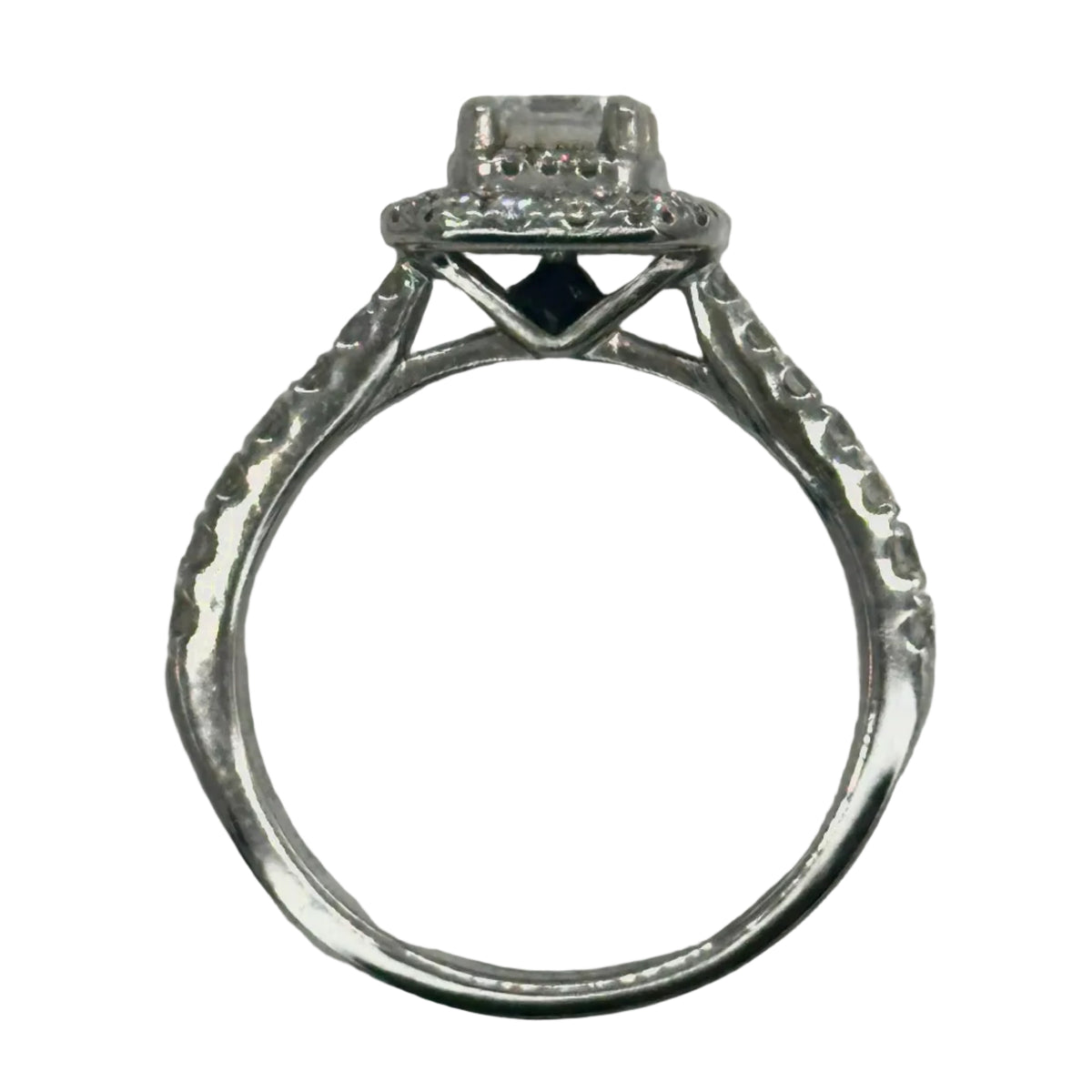 14k wg Vera Wang Emerald Center Double Halo Set Diamond Ring w/ 2 Hidden Princess Cut Blue Sapphires