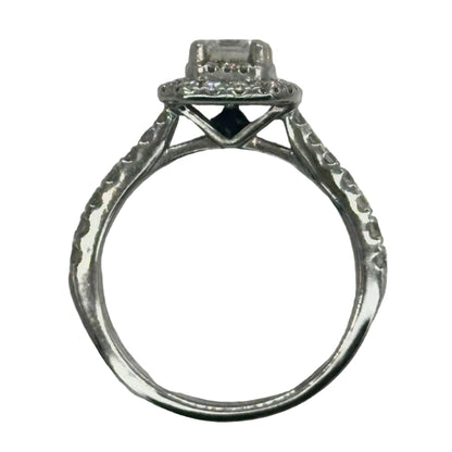 14k wg Vera Wang Emerald Center Double Halo Set Diamond Ring w/ 2 Hidden Princess Cut Blue Sapphires