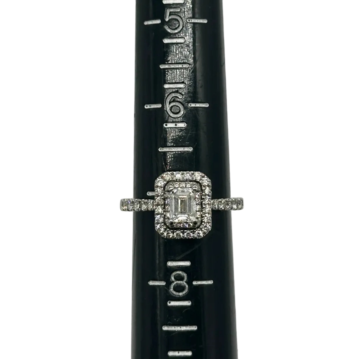 14k wg Vera Wang Emerald Center Double Halo Set Diamond Ring w/ 2 Hidden Princess Cut Blue Sapphires