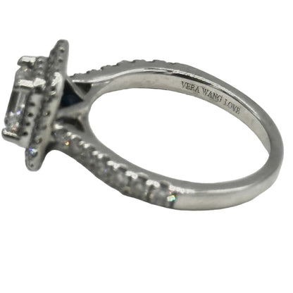 14k wg Vera Wang Emerald Center Double Halo Set Diamond Ring w/ 2 Hidden Princess Cut Blue Sapphires