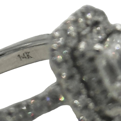 14k wg Vera Wang Emerald Center Double Halo Set Diamond Ring w/ 2 Hidden Princess Cut Blue Sapphires