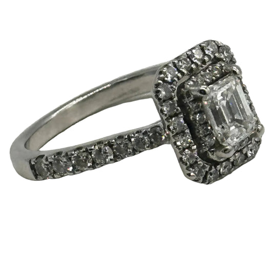 14k wg Vera Wang Emerald Center Double Halo Set Diamond Ring w/ 2 Hidden Princess Cut Blue Sapphires