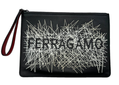 Salvatore Ferragamo Black & Red Leather Wristlet w/ Stitching Design