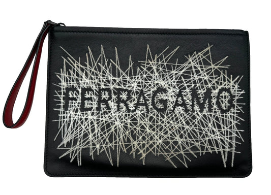 Salvatore Ferragamo Black & Red Leather Wristlet w/ Stitching Design