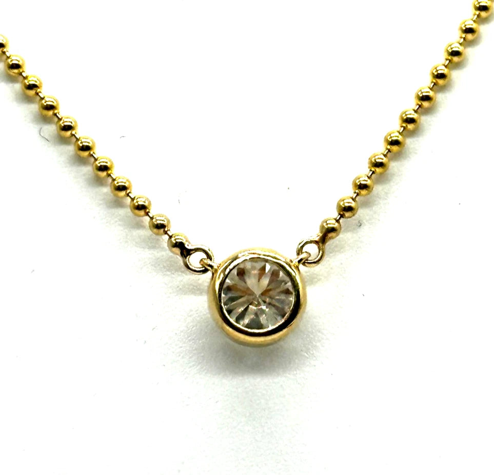 14k yg Lab Diamond Solitaire Necklace w/ Beaded Chain