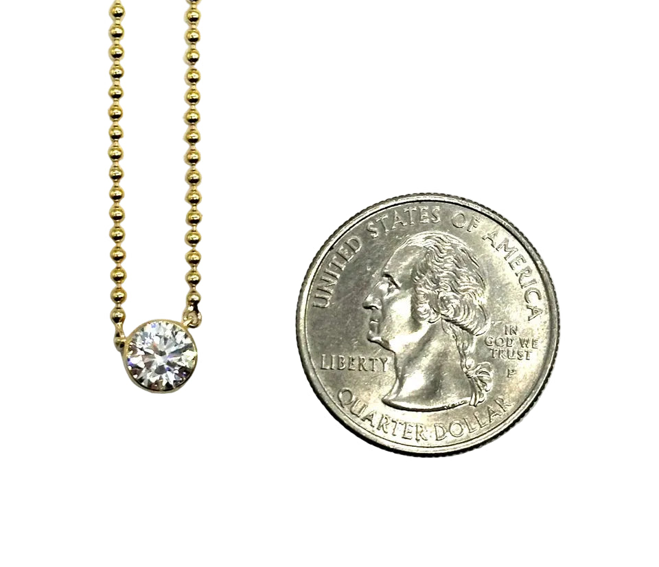 14k yg Lab Diamond Solitaire Necklace w/ Beaded Chain