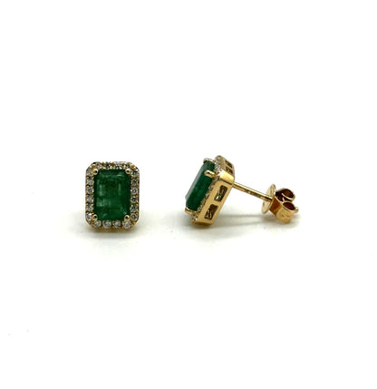 EFFY 14k yg Emerald Shaped Halo Set Emerald Stud Earrings