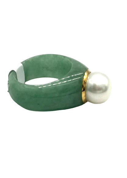 14k yg Trim Jade Band Ring w/ Freshwater Pearl