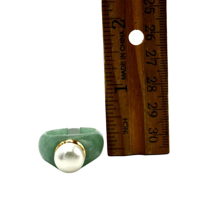 14k yg Trim Jade Band Ring w/ Freshwater Pearl