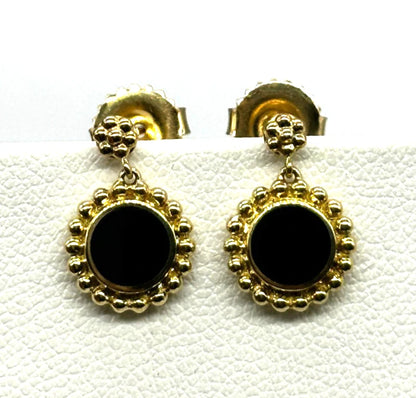 18k yg LAGOS Beaded Bezel Set Black Onyx Dangle Earrings
