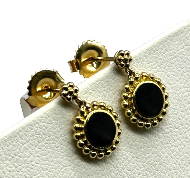 18k yg LAGOS Beaded Bezel Set Black Onyx Dangle Earrings