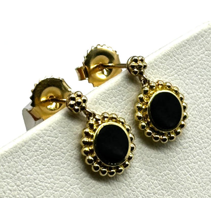 18k yg LAGOS Beaded Bezel Set Black Onyx Dangle Earrings