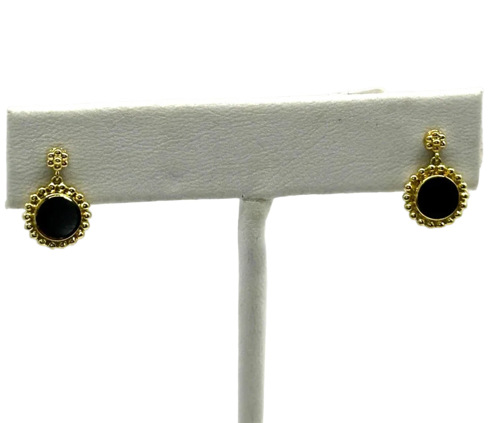 18k yg LAGOS Beaded Bezel Set Black Onyx Dangle Earrings
