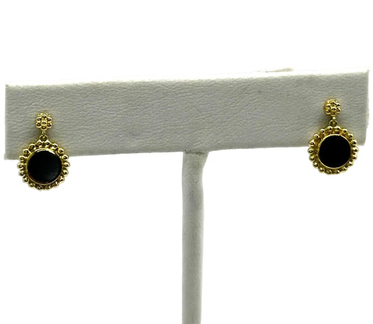 18k yg LAGOS Beaded Bezel Set Black Onyx Dangle Earrings