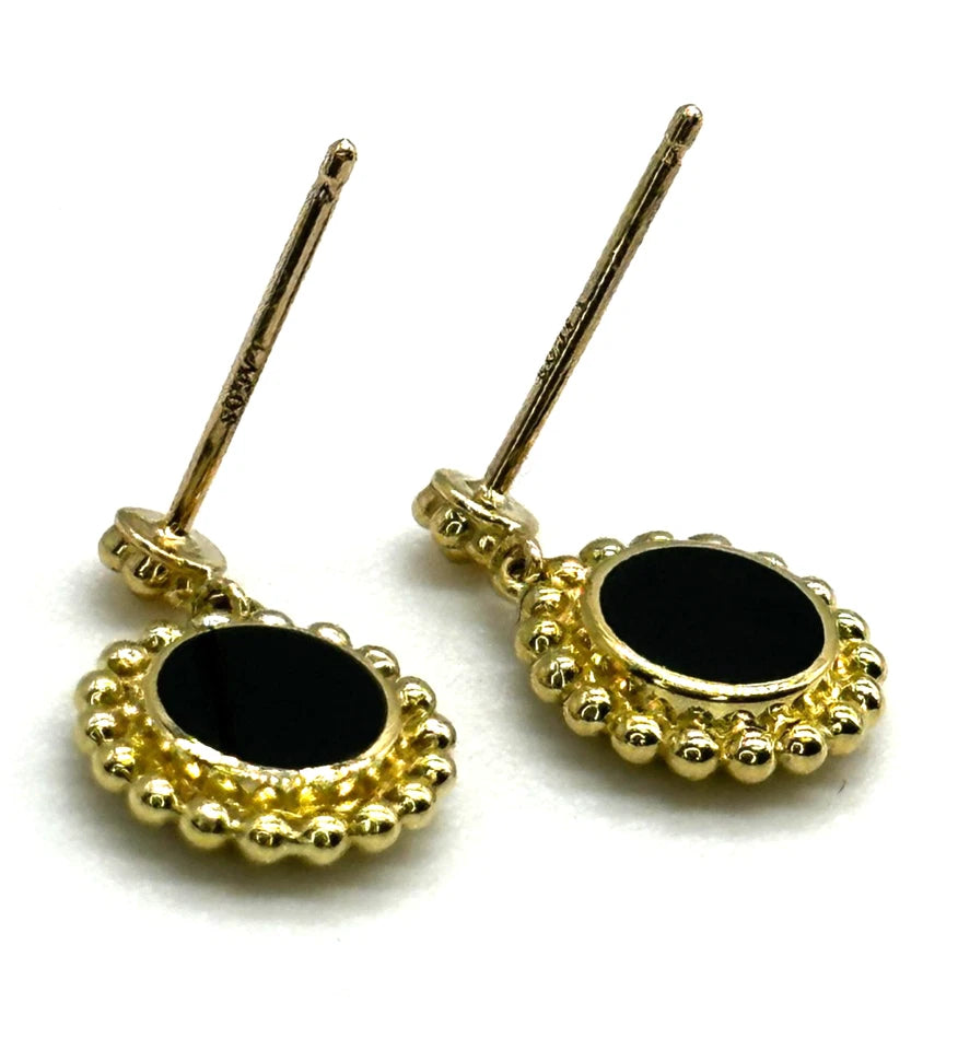 18k yg LAGOS Beaded Bezel Set Black Onyx Dangle Earrings