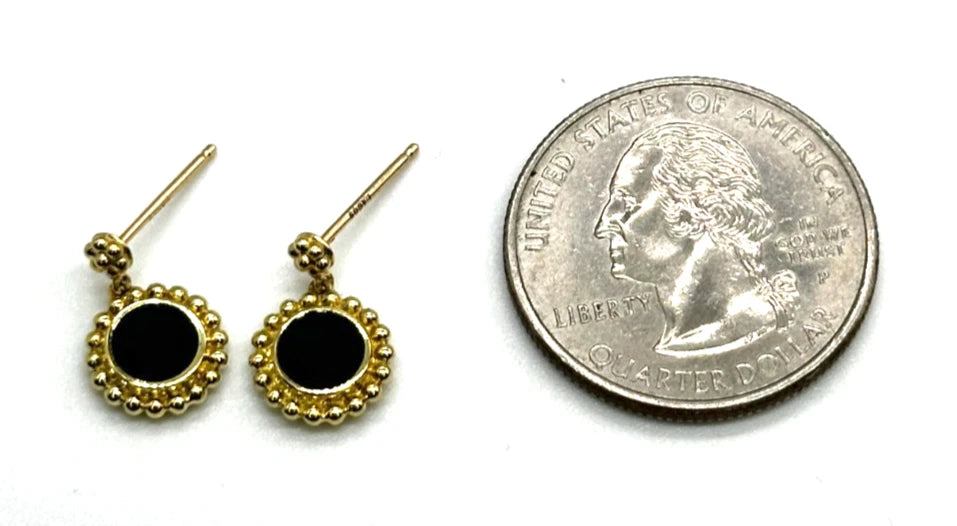 18k yg LAGOS Beaded Bezel Set Black Onyx Dangle Earrings