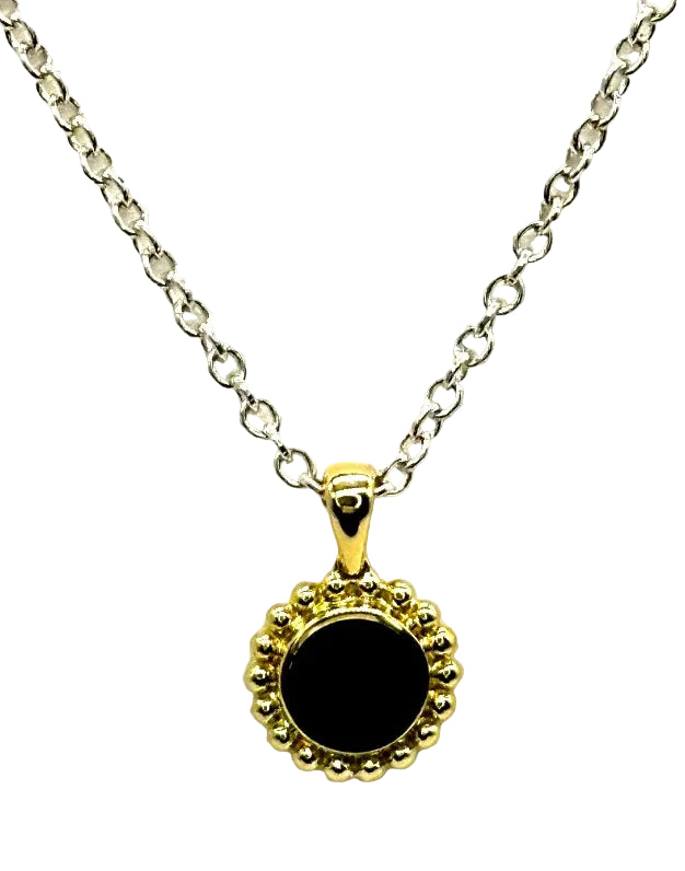 18k yg/SS LAGOS Beaded Bezel Set Circle Black Onyx Necklace