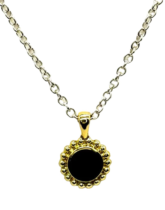 18k yg/SS LAGOS Beaded Bezel Set Circle Black Onyx Necklace