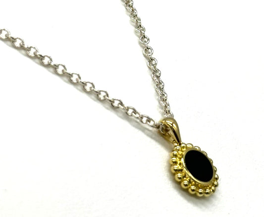 18k yg/SS LAGOS Beaded Bezel Set Circle Black Onyx Necklace