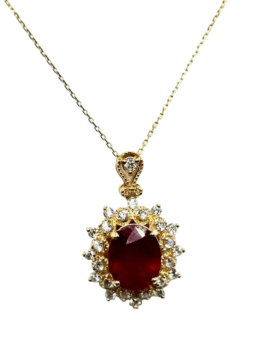 14k Yg Oval Ruby Necklace w/ Cluster Diamonds