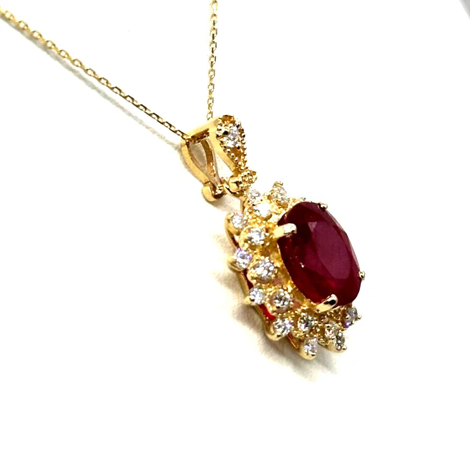 14k Yg Oval Ruby Necklace w/ Cluster Diamonds