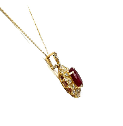 14k Yg Oval Ruby Necklace w/ Cluster Diamonds