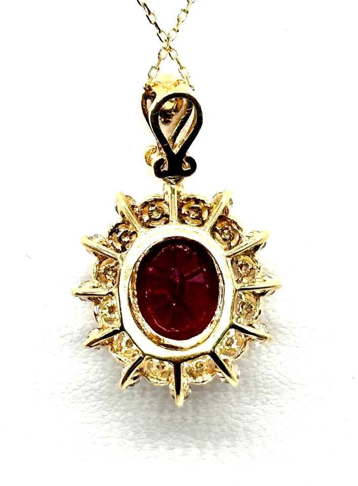 14k Yg Oval Ruby Necklace w/ Cluster Diamonds