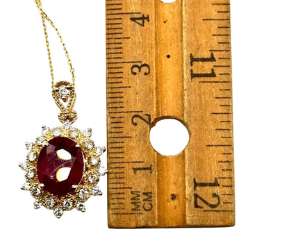 14k Yg Oval Ruby Necklace w/ Cluster Diamonds