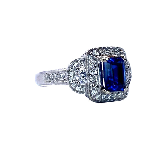 18k WG Emerald Cut Sapphire & Round Cut Diamond Ring