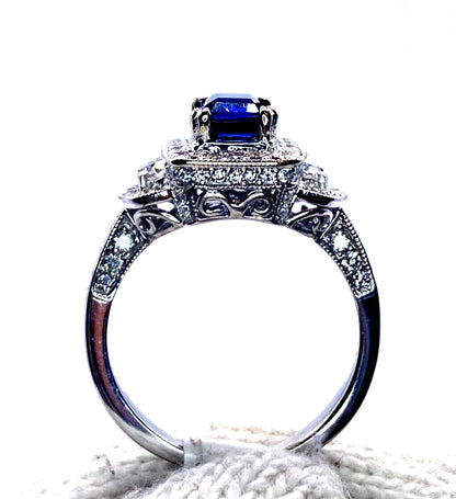 18k WG Emerald Cut Sapphire & Round Cut Diamond Ring